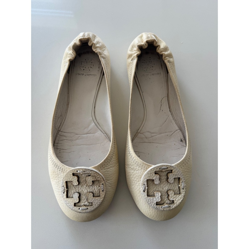 Tory Burch Ballet Flats Womens 10 Reva Cream Pebbled Leather Logo Fair